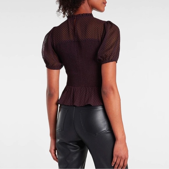 Express Polka Dot Smocked Peplum Top in Dark Purple - Picture 4 of 11